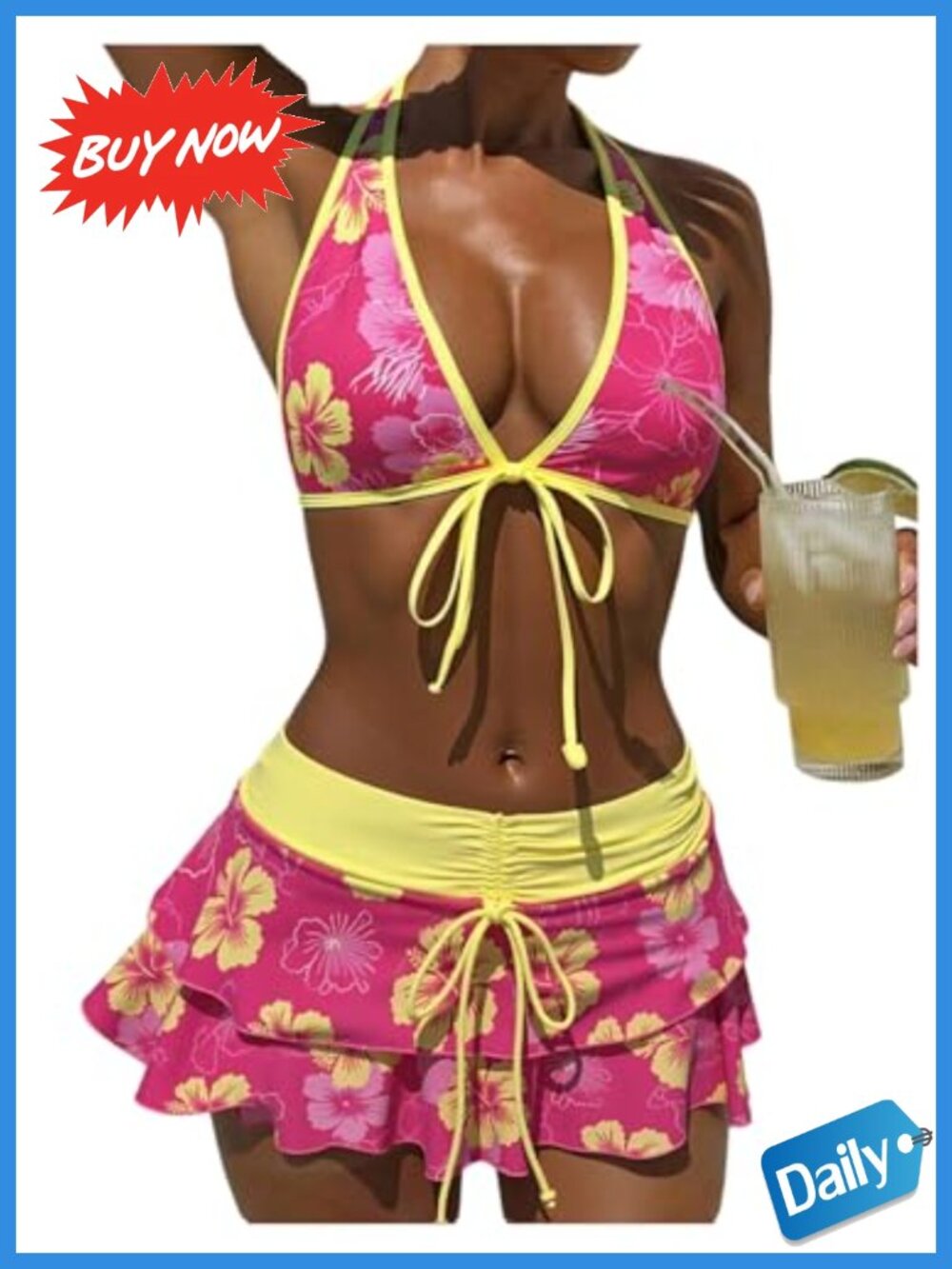Boho Floral Halter Bikini Set with Cover Up Skirt 3 Piece High Stretch